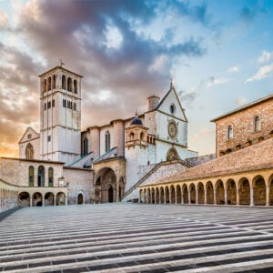 Basilica of St. Francis of Assisi at sunset, Umbria, Italy