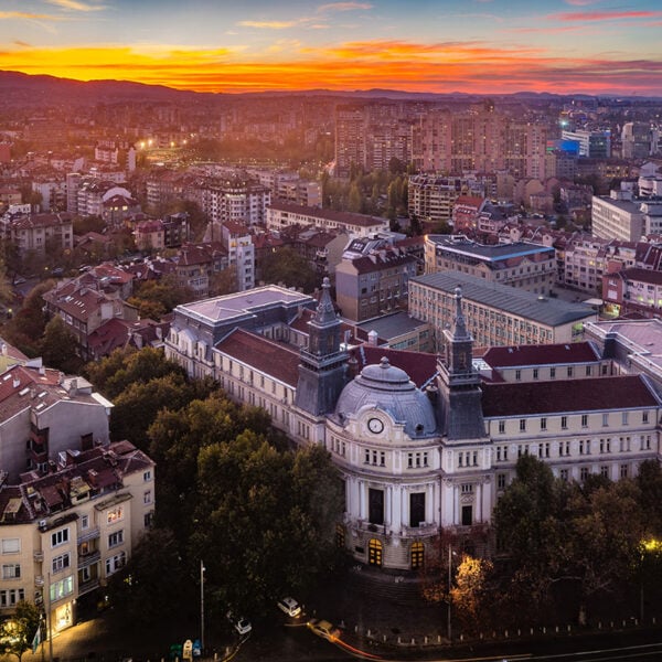 High angle view above city of Sofia, Bulgaria, Eastern Europe